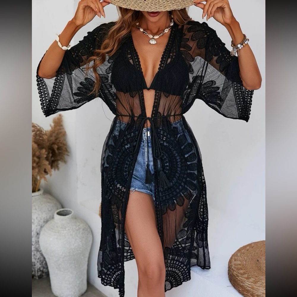 New to Posh C 🔆| Euro Style Embroidered Mesh Kimono with Belt